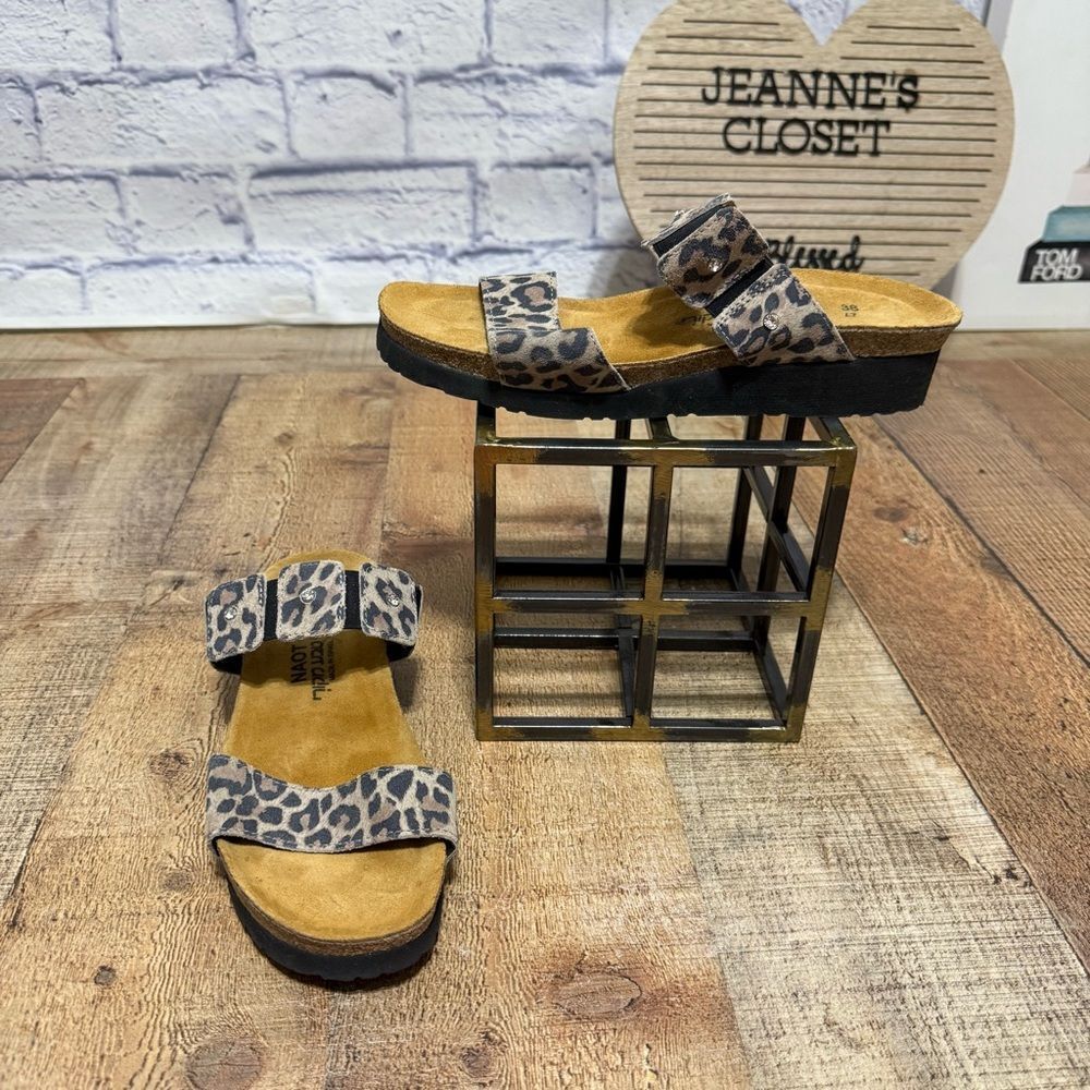 Women's NAOT Ashley Cheetah Print Wedge Slide Comfort Cork Sandals 38 L 7